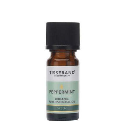 A small amber glass bottle of Tisserand Aromatherapy Peppermint Organic Pure Essential Oil with a black screw-top cap and a white and mint green label.