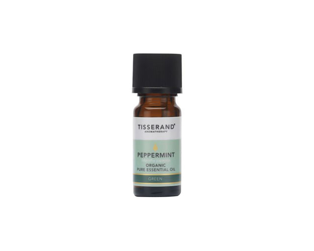 A small amber glass bottle of Tisserand Aromatherapy Peppermint Organic Pure Essential Oil with a black screw-top cap and a white and mint green label.