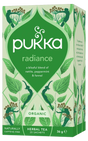 A light green box of Pukka Organic Radiance herbal tea, featuring a caffeine-free, blissful blend of nettle, peppermint, and fennel containing 20 sachets.