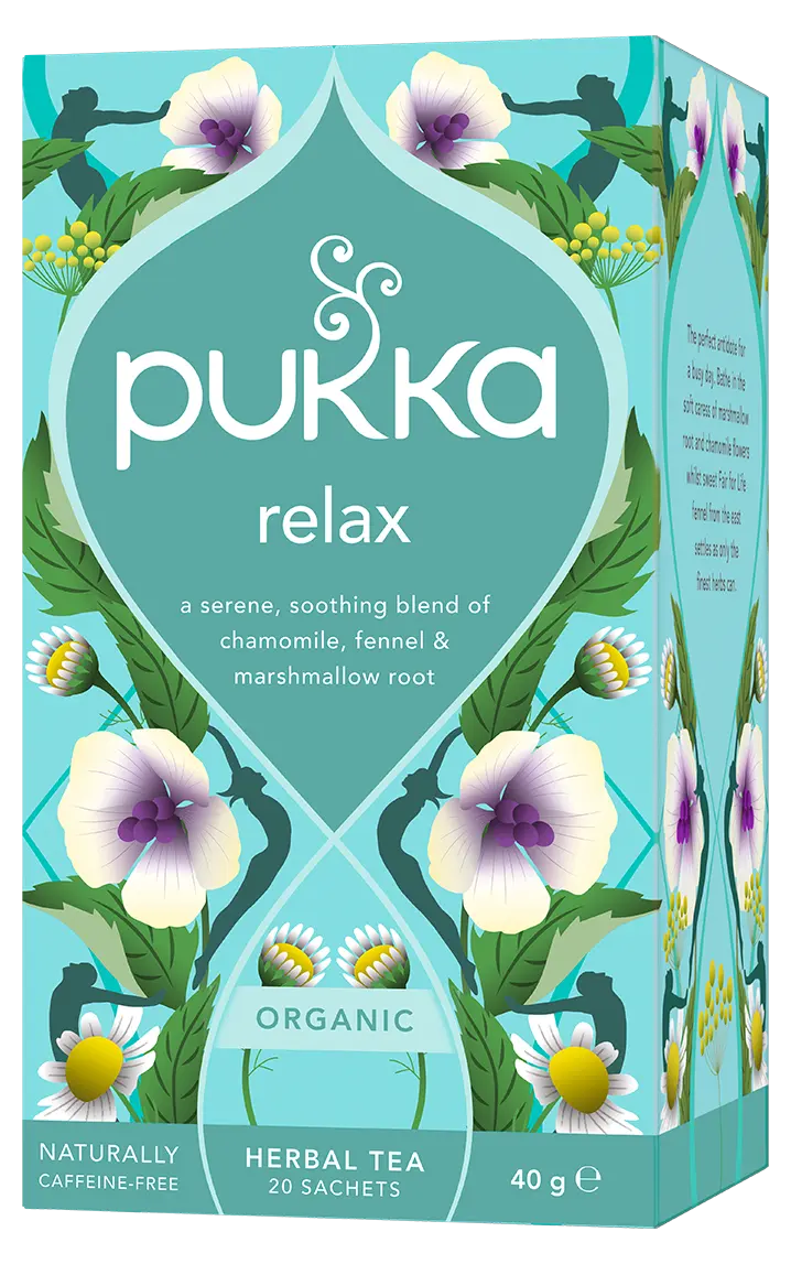 A light teal box of Pukka Organic Relax herbal tea, featuring a caffeine-free, serene blend of chamomile, fennel, and marshmallow root containing 20 sachets.