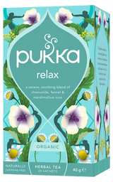 A light teal box of Pukka Organic Relax herbal tea, featuring a caffeine-free, serene blend of chamomile, fennel, and marshmallow root containing 20 sachets.