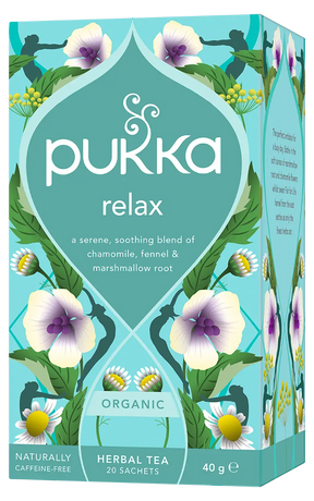 A light teal box of Pukka Organic Relax herbal tea, featuring a caffeine-free, serene blend of chamomile, fennel, and marshmallow root containing 20 sachets.