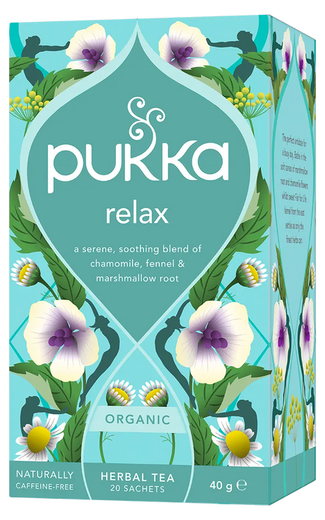 A light teal box of Pukka Organic Relax herbal tea, featuring a caffeine-free, serene blend of chamomile, fennel, and marshmallow root containing 20 sachets.