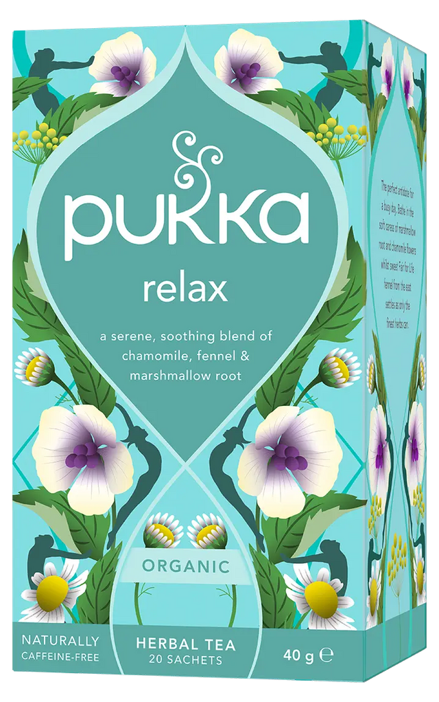 A light teal box of Pukka Organic Relax herbal tea, featuring a caffeine-free, serene blend of chamomile, fennel, and marshmallow root containing 20 sachets.