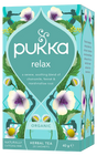 A light teal box of Pukka Organic Relax herbal tea, featuring a caffeine-free, serene blend of chamomile, fennel, and marshmallow root containing 20 sachets.