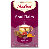 A box of Yogi Tea Organic "Soul Balm" Ayurvedic blend with cocoa shells, rooibos, and orange, containing 17 teabags.