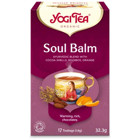A box of Yogi Tea Organic "Soul Balm" Ayurvedic blend with cocoa shells, rooibos, and orange, containing 17 teabags.