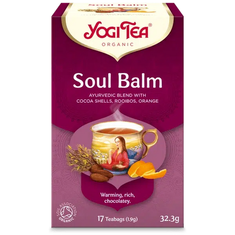 A box of Yogi Tea Organic "Soul Balm" Ayurvedic blend with cocoa shells, rooibos, and orange, containing 17 teabags.