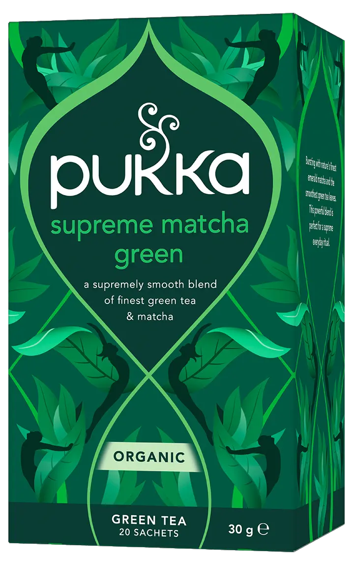 A dark green box of Pukka Organic Supreme Matcha Green tea, featuring a smooth blend of green tea and emerald matcha powder containing 20 sachets.