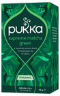 A dark green box of Pukka Organic Supreme Matcha Green tea, featuring a smooth blend of green tea and emerald matcha powder containing 20 sachets.