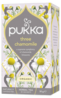 A light purple box of Pukka Organic Three Chamomile herbal tea, featuring a caffeine-free blend of chamomile blossoms containing 20 sachets.