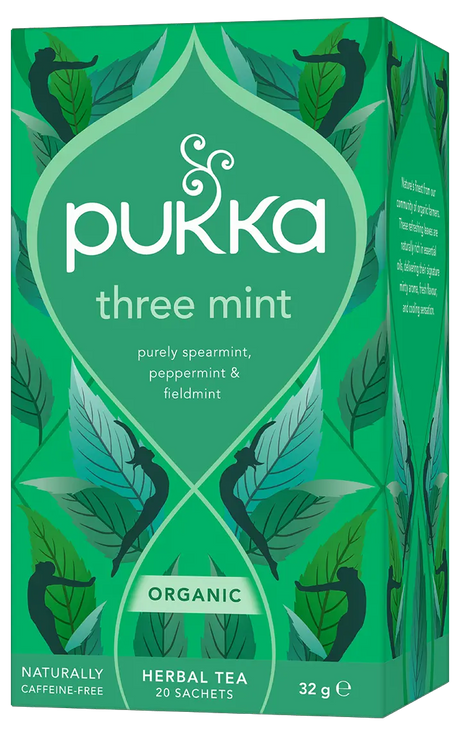 A green box of Pukka Organic Three Mint herbal tea, a caffeine-free blend of spearmint, peppermint, and fieldmint containing 20 sachets.