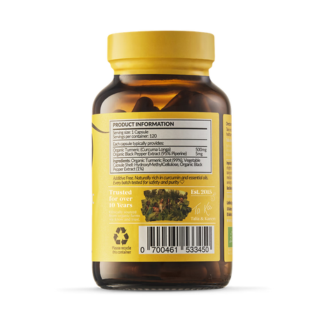 The back label of a Taka Turmeric supplement bottle with product information for 120 capsules and a barcode.