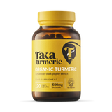 Taka Turmeric Organic Turmeric supplement bottle with 120 vegan capsules (500mg), activated by black pepper extract.