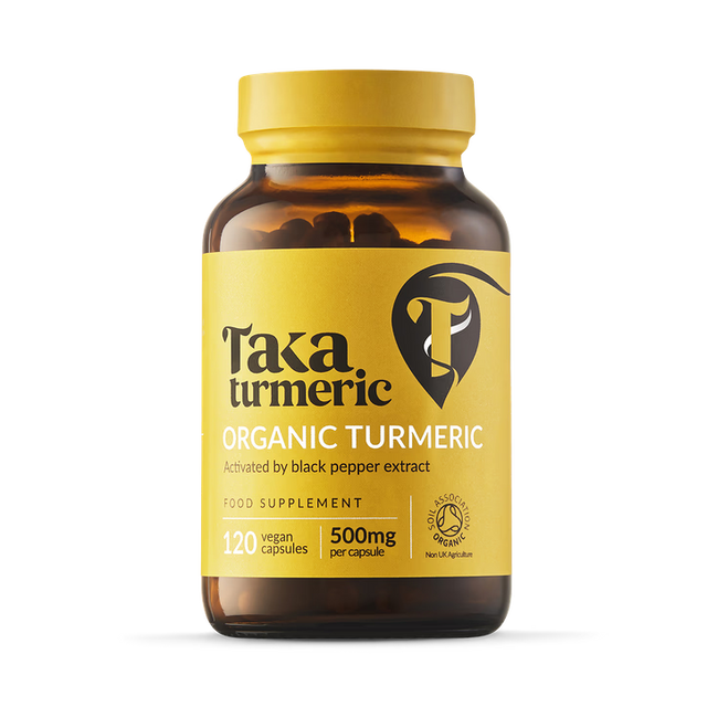 Taka Turmeric Organic Turmeric supplement bottle with 120 vegan capsules (500mg), activated by black pepper extract.