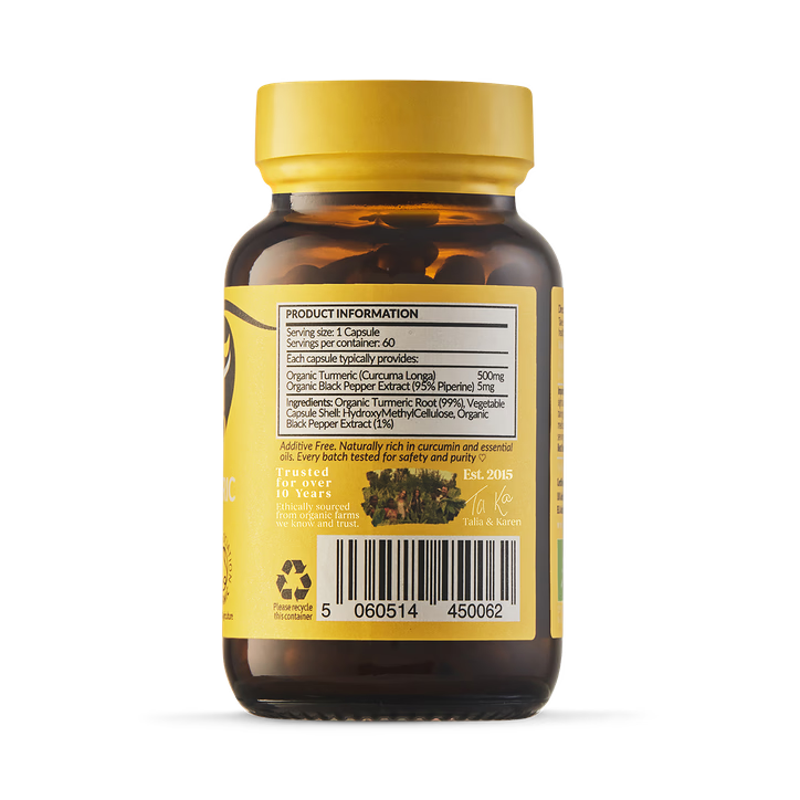 The back label of a Taka Turmeric supplement bottle showing product information, ingredients, and a barcode.