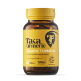 Taka Turmeric Organic Turmeric supplement bottle with 60 vegan capsules (500mg), activated by black pepper extract.