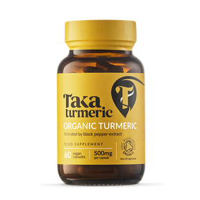 Taka Turmeric Organic Turmeric supplement bottle with 60 vegan capsules (500mg), activated by black pepper extract.