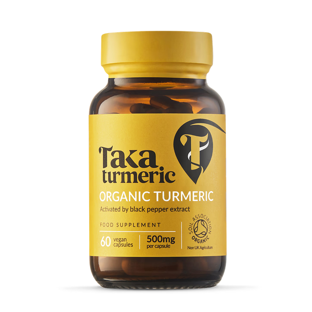 Taka Turmeric Organic Turmeric supplement bottle with 60 vegan capsules (500mg), activated by black pepper extract.