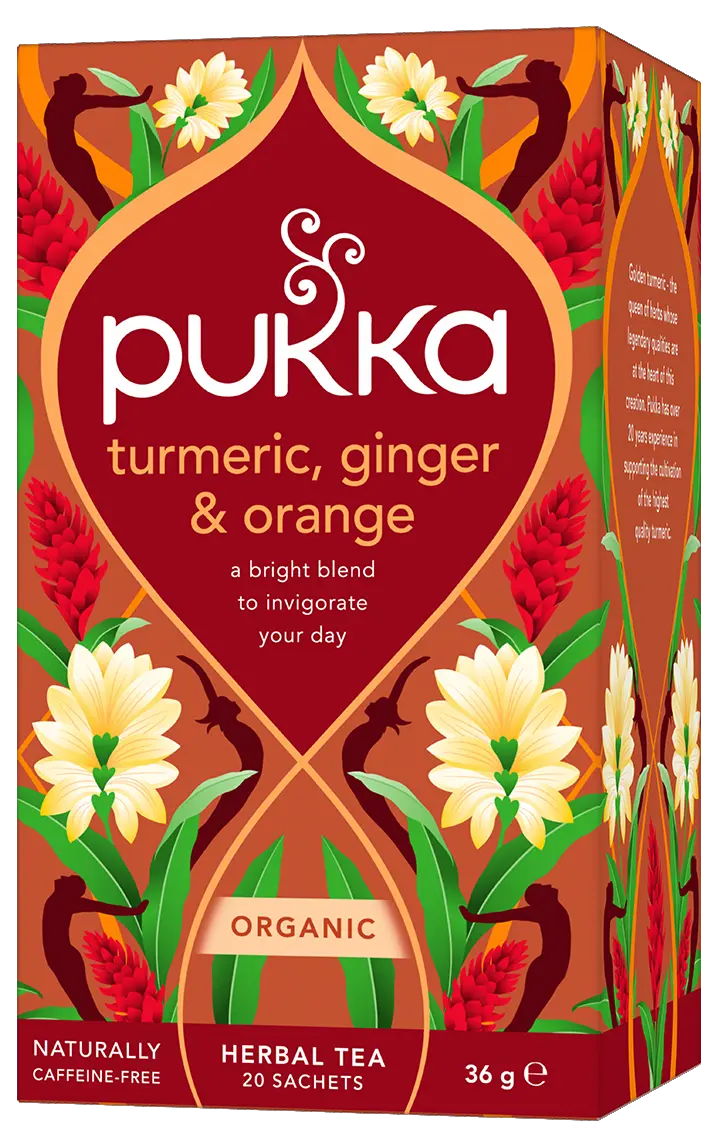 A box of Pukka Organic Turmeric, Ginger & Orange herbal tea, a caffeine-free invigorating blend containing 20 sachets.