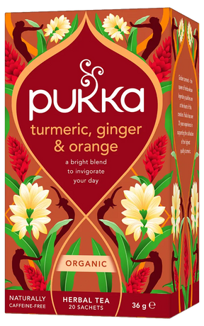 A box of Pukka Organic Turmeric, Ginger & Orange herbal tea, a caffeine-free invigorating blend containing 20 sachets.