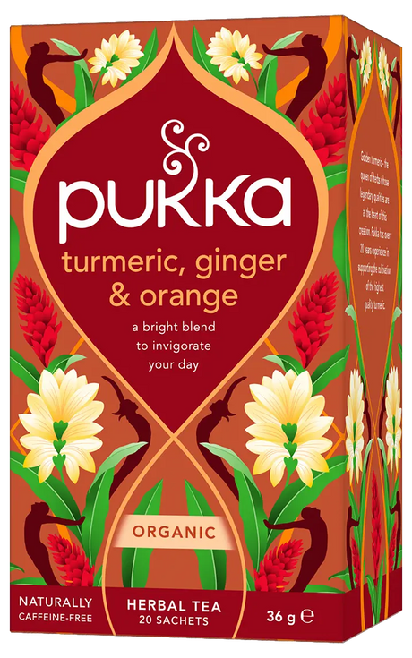 A box of Pukka Organic Turmeric, Ginger & Orange herbal tea, a caffeine-free invigorating blend containing 20 sachets.