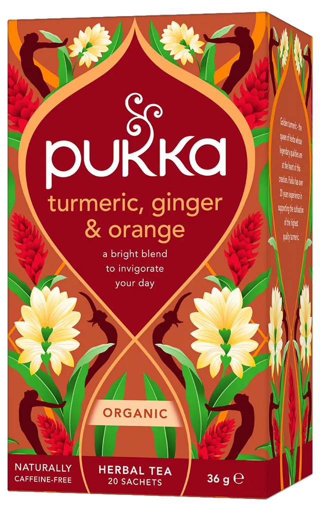A box of Pukka Organic Turmeric, Ginger & Orange herbal tea, a caffeine-free invigorating blend containing 20 sachets.