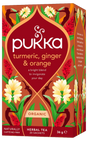 A box of Pukka Organic Turmeric, Ginger & Orange herbal tea, a caffeine-free invigorating blend containing 20 sachets.