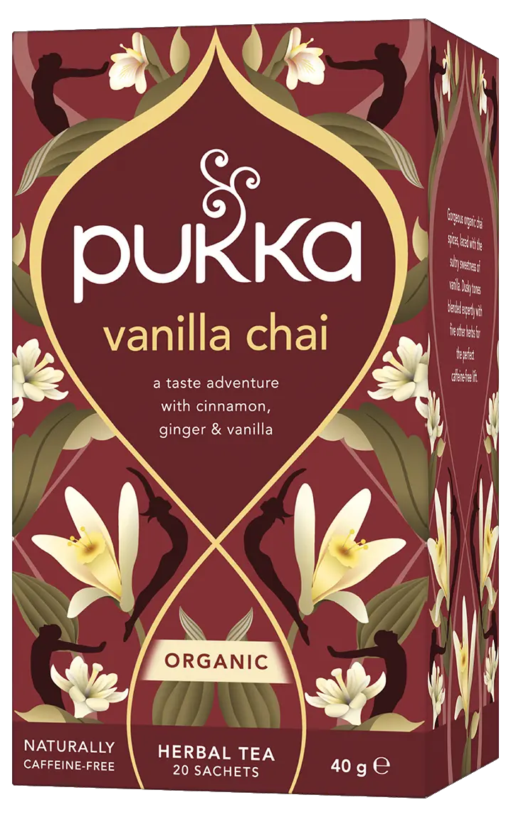 A box of Pukka Organic Vanilla Chai herbal tea, featuring a caffeine-free blend of cinnamon, ginger, and vanilla with 20 sachets.