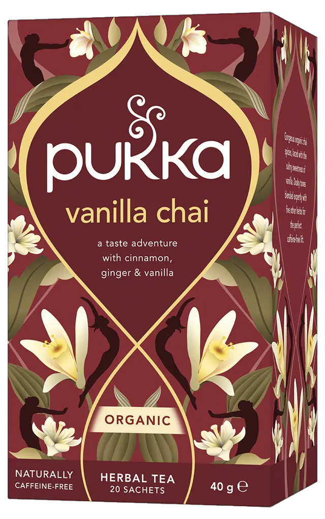A box of Pukka Organic Vanilla Chai herbal tea, featuring a caffeine-free blend of cinnamon, ginger, and vanilla with 20 sachets.