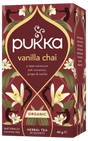A box of Pukka Organic Vanilla Chai herbal tea, featuring a caffeine-free blend of cinnamon, ginger, and vanilla with 20 sachets.