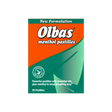 A box of Olbas Menthol Pastilles on a plain white background. The packaging features a bright orange top half with the brand name 'Olbas' in large white letters, and a green lower half with product details and a leaf graphic.