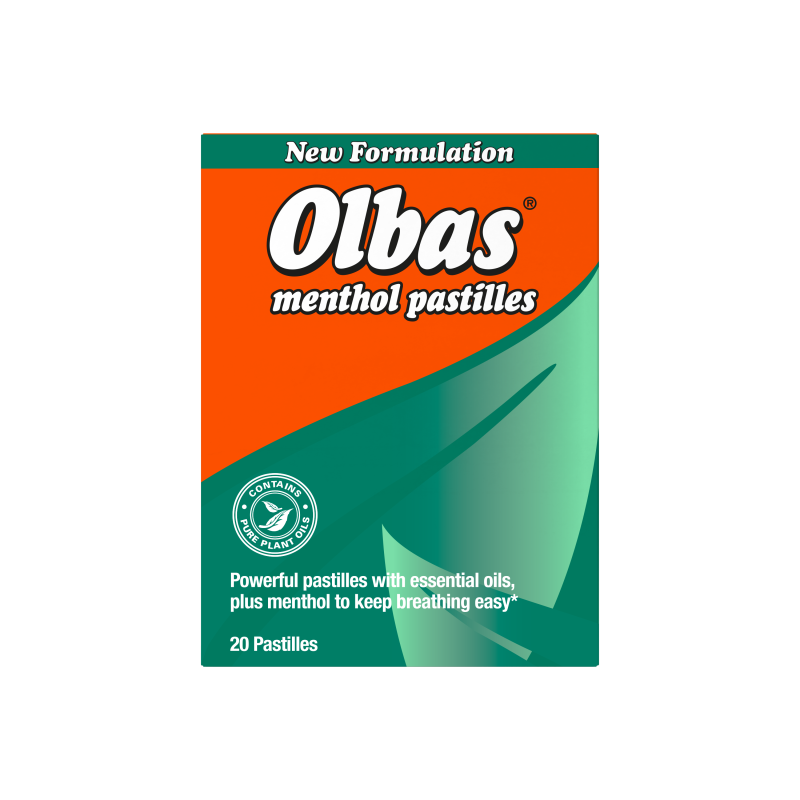 A box of Olbas Menthol Pastilles on a plain white background. The packaging features a bright orange top half with the brand name 'Olbas' in large white letters, and a green lower half with product details and a leaf graphic.