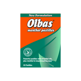 A box of Olbas Menthol Pastilles on a plain white background. The packaging features a bright orange top half with the brand name 'Olbas' in large white letters, and a green lower half with product details and a leaf graphic.