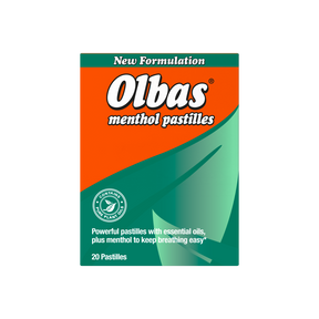 A box of Olbas Menthol Pastilles on a plain white background. The packaging features a bright orange top half with the brand name 'Olbas' in large white letters, and a green lower half with product details and a leaf graphic.