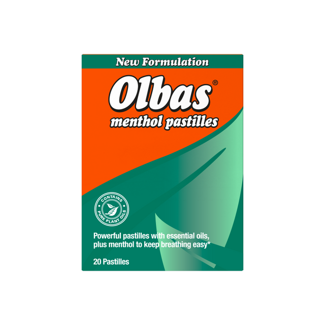 A box of Olbas Menthol Pastilles on a plain white background. The packaging features a bright orange top half with the brand name 'Olbas' in large white letters, and a green lower half with product details and a leaf graphic.