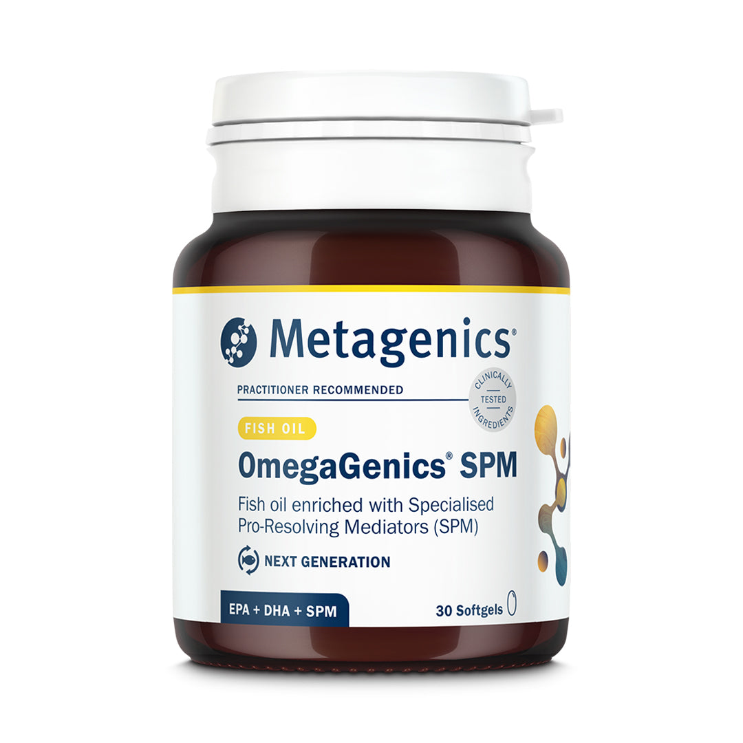 Product bottle of Metagenics OmegaGenics SPM, a next-generation fish oil enriched with Specialised Pro-Resolving Mediators (SPM), EPA, and DHA, 30 softgels.