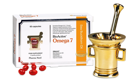 BioActive Omega 7 capsules box displayed with red softgels and a gold mortar and pestle.