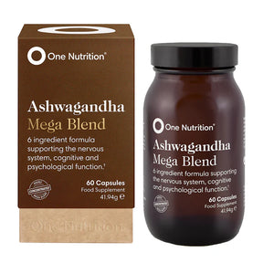 Brown box and bottle labeled "One Nutrition Ashwagandha Mega Blend." Text highlights nervous system and cognitive support. Contains 60 capsules.