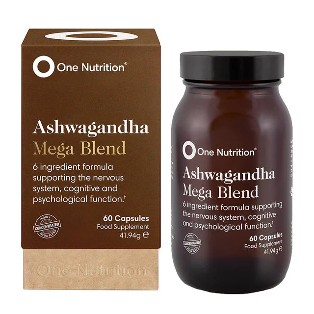 Brown box and bottle labeled "One Nutrition Ashwagandha Mega Blend." Text highlights nervous system and cognitive support. Contains 60 capsules.