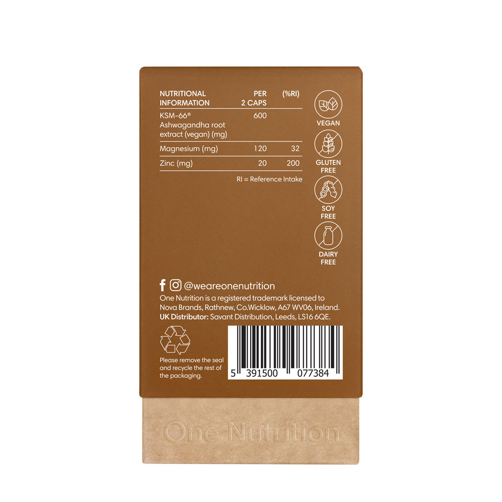 One Nutrition Ashwagandha nutritional information label showing KSM-66, magnesium, and zinc content.