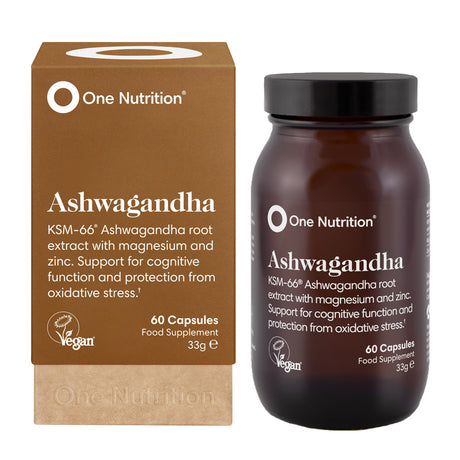 One Nutrition Ashwagandha KSM-66 60 capsules with magnesium and zinc for cognitive support.