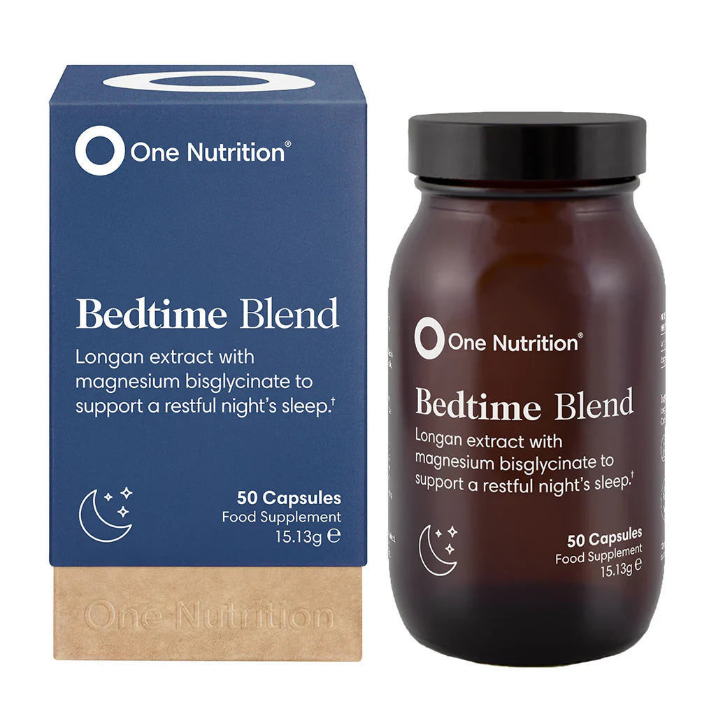 One Nutrition Bedtime Blend capsules box and amber jar.