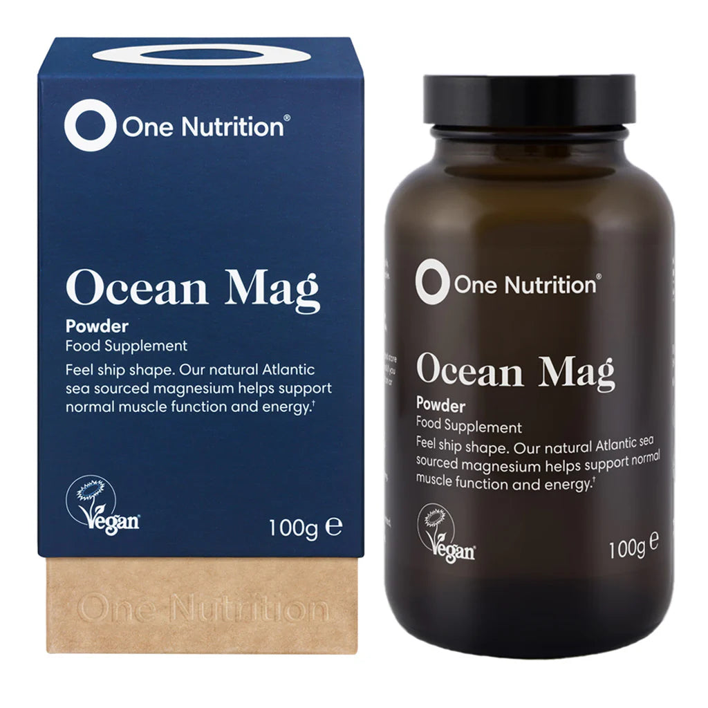 One Nutrition Ocean Mag powder blue box brown glass jar with powder
