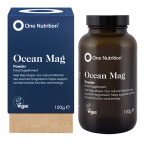 One Nutrition Ocean Mag powder blue box brown glass jar with powder