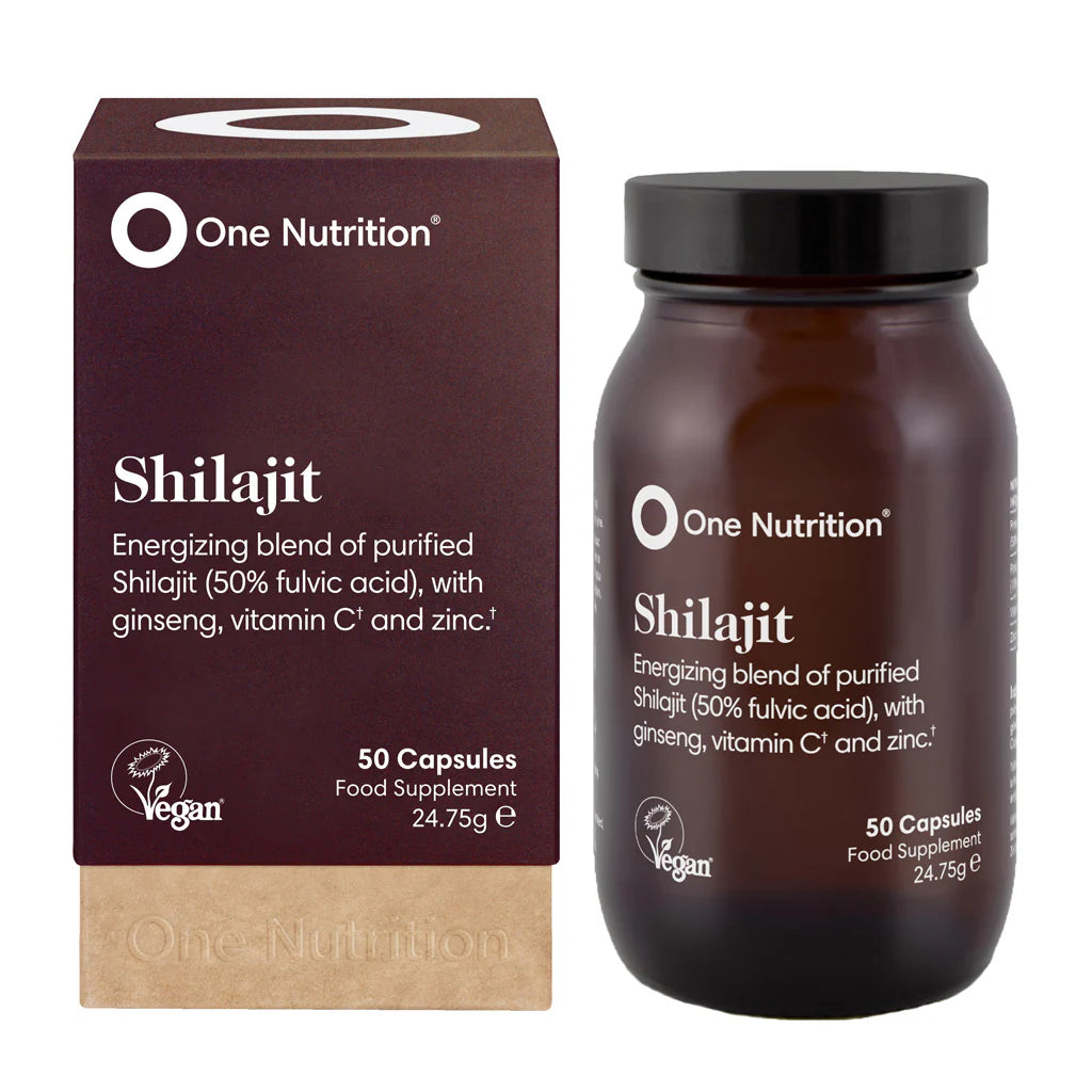 One Nutrition Shilajit 50 capsules with fulvic acid, ginseng, vitamin C, and zinc.