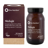 One Nutrition Shilajit 50 capsules with fulvic acid, ginseng, vitamin C, and zinc.