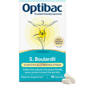 Optibac Probiotics Saccharomyces Boulardii capsules for digestive health, bowel calm, and immune support.