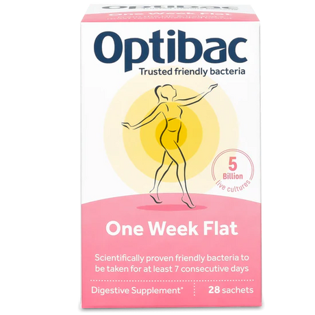 OptiBac One Week Flat probiotics 28 sachets for bloating relief and digestive balance gluten free gut health supplement.