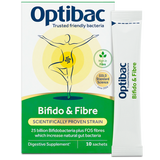 Optibac Probiotics Bifido & Fibre sachets with 25 billion live cultures and prebiotic FOS for digestive regularity and gut health.
